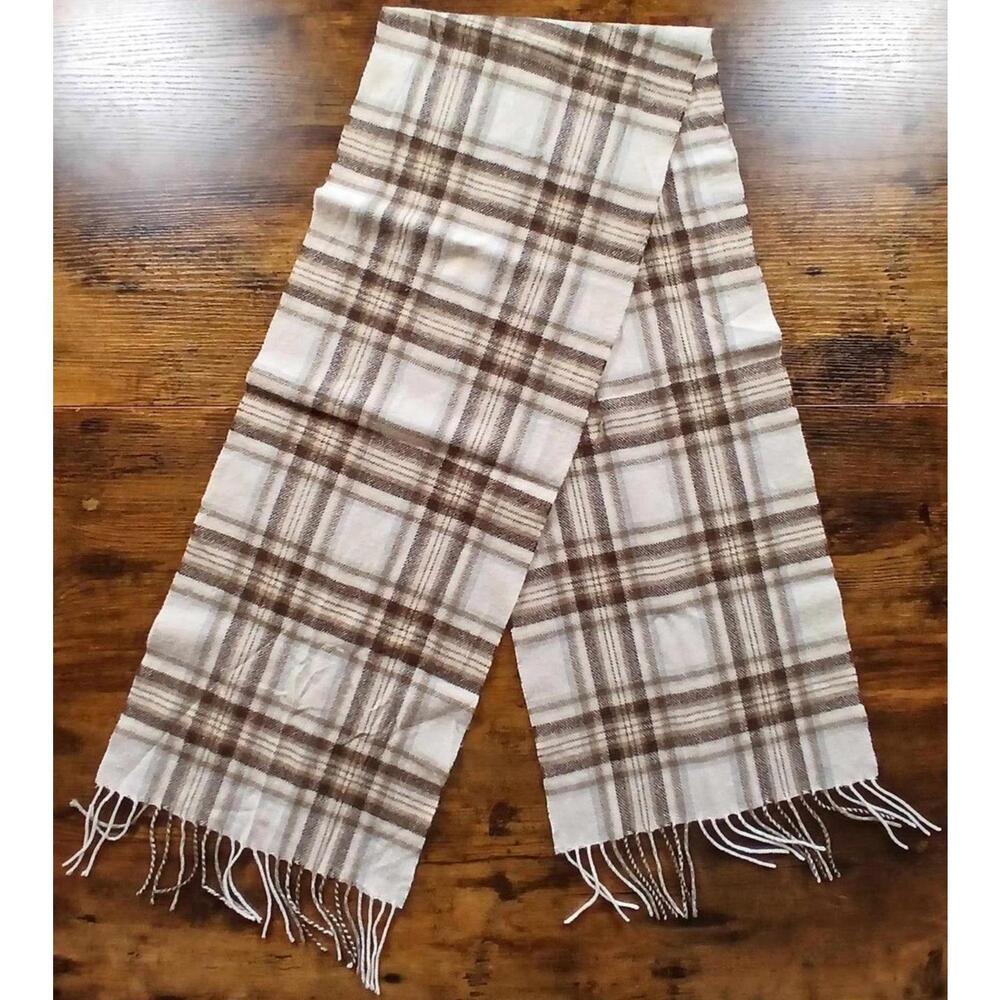 Lochmere White & Brown Plaid Fringe Scarf Shawl 100% Cashmere